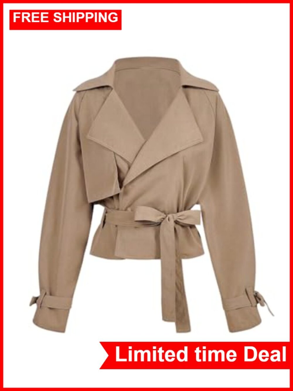 Women's Wrap Tie Belted Trench Coat Lapel Collar Short Coat